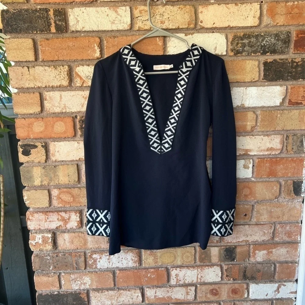 Tory Burch Navy Embroidered Long Sleeve Tunic